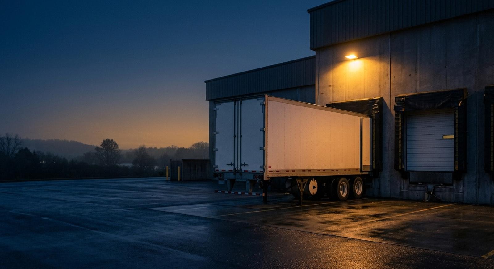A trailer backed into a warehouse loading dock at dusk, lit by a single sodium lamp.