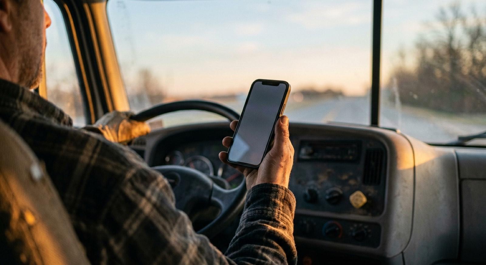 A truck driver holding a phone in the cab at sunrise, hand on the wheel.