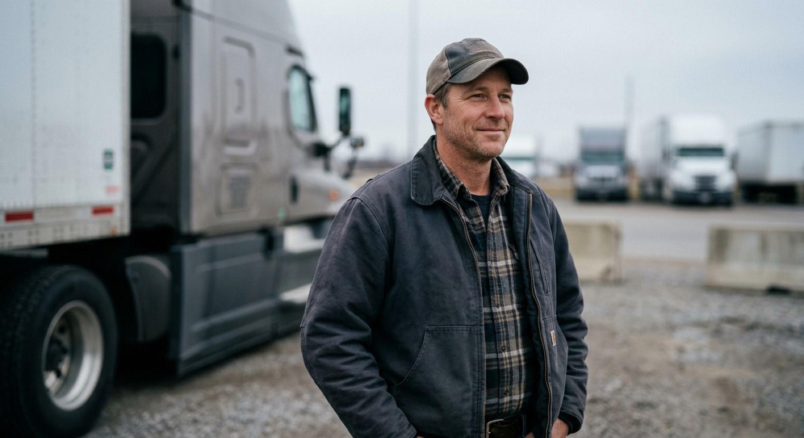 An owner-operator standing beside their truck at a yard on an overcast morning.